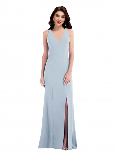 Buy V-Neck Long Stretch Crepe Light Sky Blue Sleeveless Evening Gowns UK