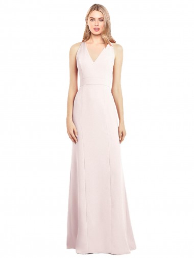 Buy V-Neck Long Stretch Crepe Pink Sleeveless Semi Formal Evening Dress UK