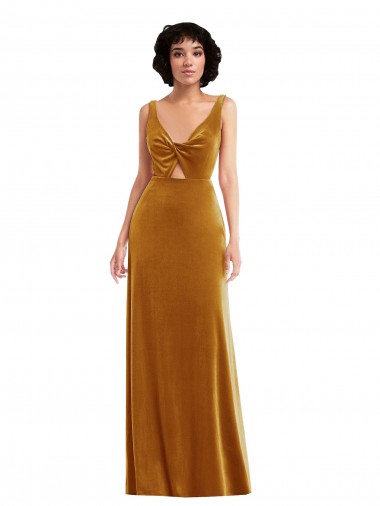 Buy V-Neck Long Stretch Velvet Gold Sleeveless Semi Formal Evening Dress UK