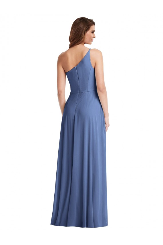 Buy One Shoulder Long Soft Chiffon Windsor Blue Sleeveless Formal Evening Dress UK